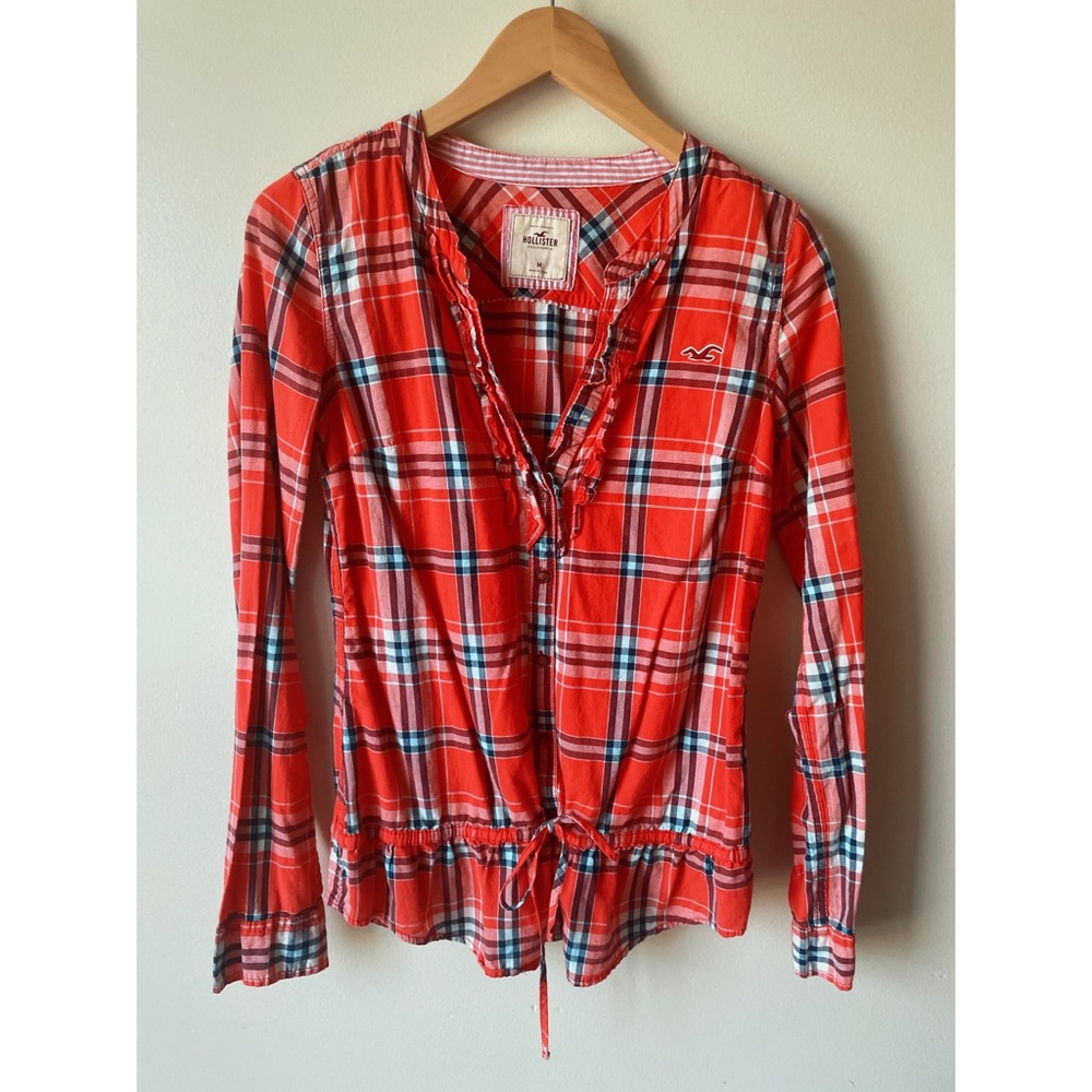 Hollister Red Plaid Long Sleeve Half Button Up Top